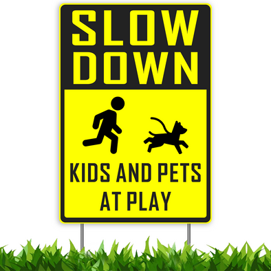 Slow Down Kids Pets at Play Lawn Sign, 18x12Inch 2-Sided Print Outdoor Signage Yard Sign, Bright Yellow, Non-Reflective, Weatherproof Corrugated Plastic Banner w/ Metal H Ground Stake for Patio Garden