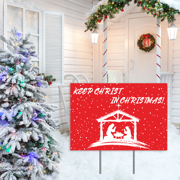 CLEARANCE Christmas Decorations Yard Sign, Keep Christ in Christmas Nativity Manger Scene Xmas Holiday Decor Outside Lawn Sign 18x12", 2-Sided Print Banner with Metal Stakes for Outdoor Patio Garden