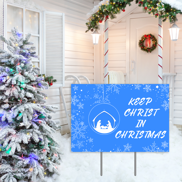 CLEARANCE Christmas Decorations Yard Sign, Keep Christ in Christmas Nativity Manger Scene Xmas Holiday Decor Outside Lawn Sign 18x12", 2-Sided Print Banner with Metal Stakes for Outdoor Patio Garden