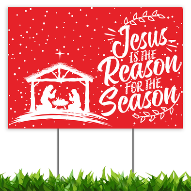 CLEARANCE Christmas Decorations Yard Sign, Jesus is The Reason for Season Nativity Manger Scene Xmas Holiday Decor Outside Lawn Sign 18x12, 2-Sided Banner with Metal Stakes for Outdoor Patio Garden